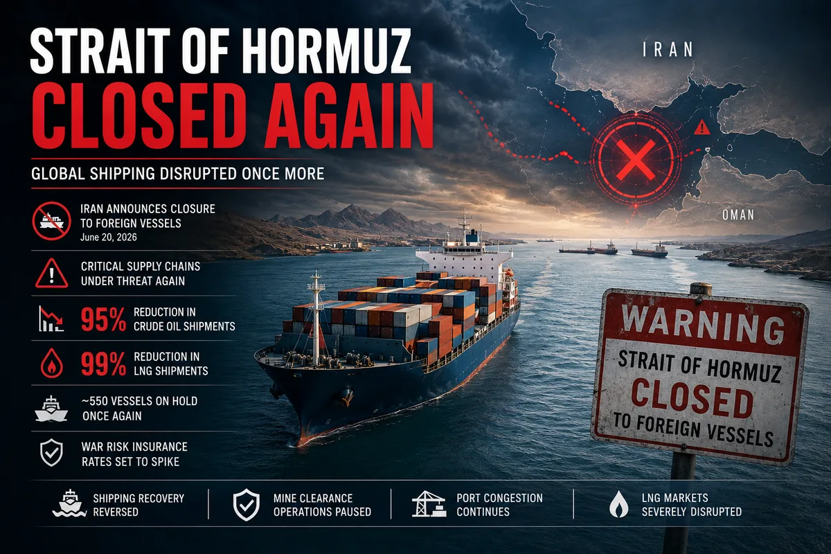 Strait of Hormuz Closes Again as Iran Cites Breach of Ceasefire Deal — Global Shipping Braces for Fresh Crisis