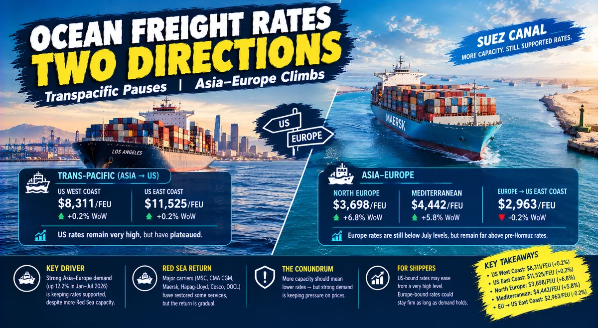 Ocean Freight Rates Split: Asia-US Rates Peak While Asia-Europe Jumps 6.8% Despite Red Sea Return