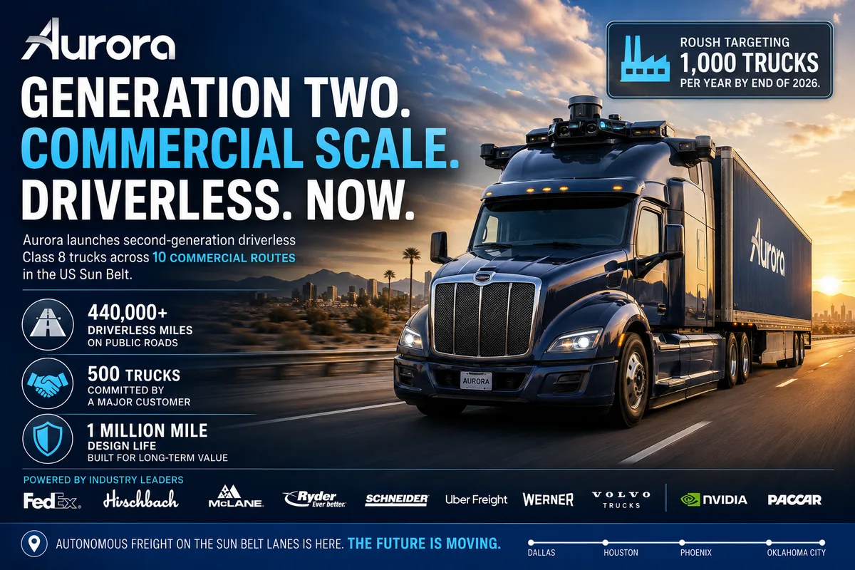 Aurora Just Launched Gen-2 Driverless Trucks on 10 US Routes — And a Customer Is Already Ordering 500