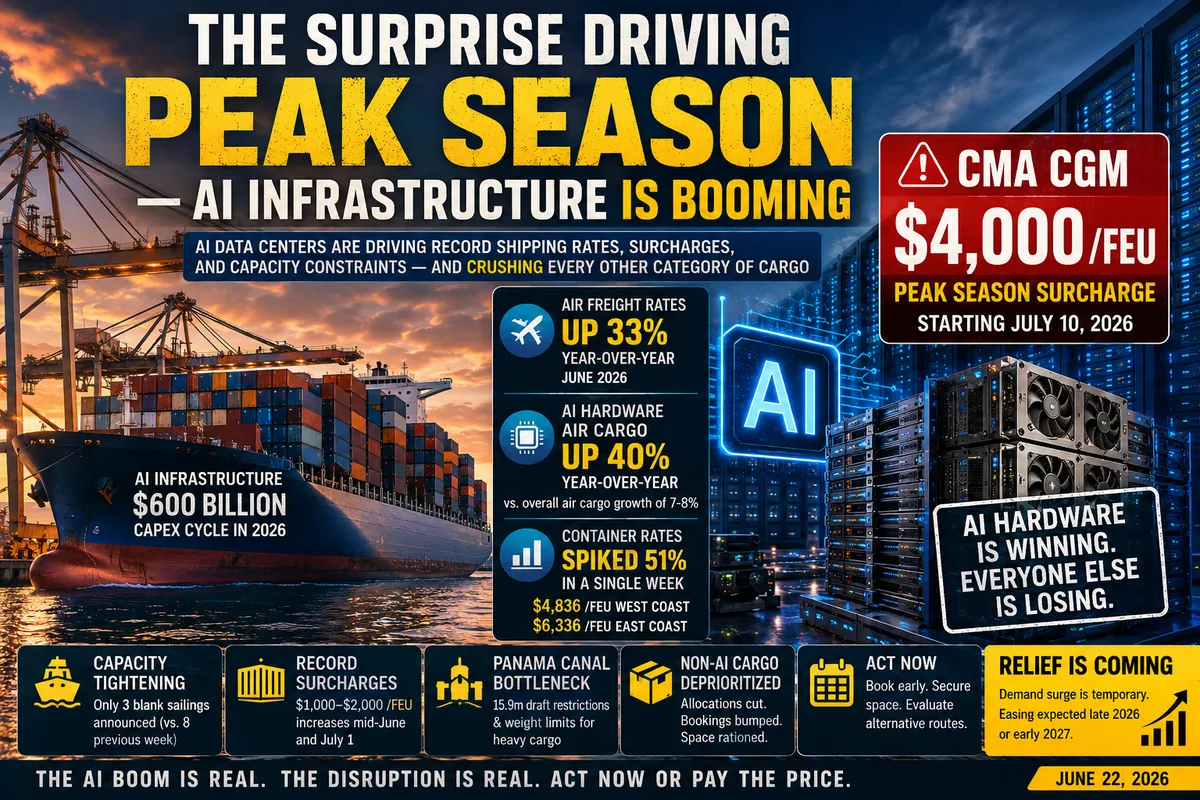 AI Data Center Building Boom Is Crashing the Container Market — Peak Season Rates Now Include $4,000 Surcharges