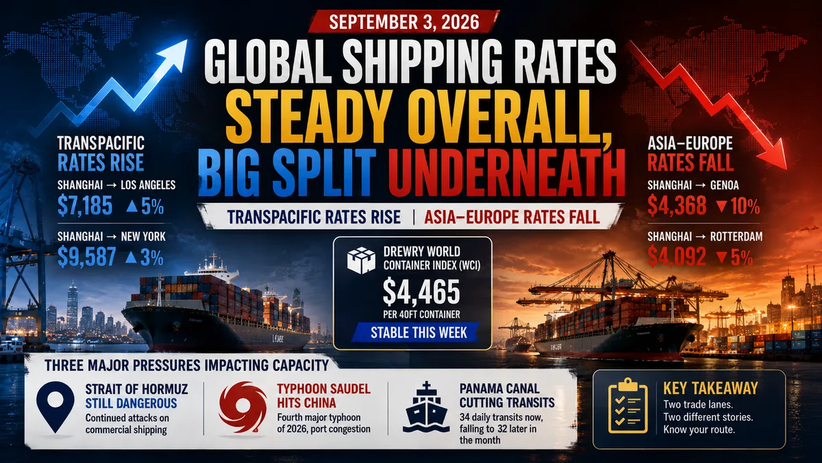 Freight Rates Are Splitting in Two Directions — Transpacific Jumps While Asia-Europe Falls, as Panama and Typhoons Add New Pressure