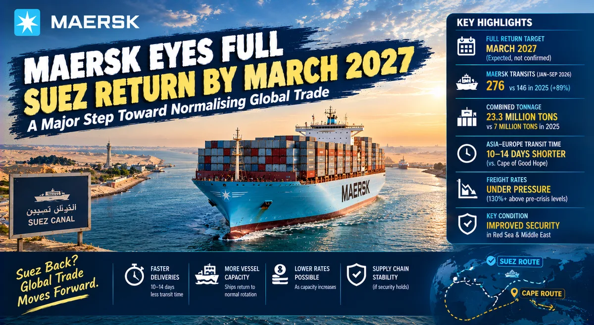 Maersk Targets Full Return to Suez Canal by March 2027 — What It Means for Global Freight Rates